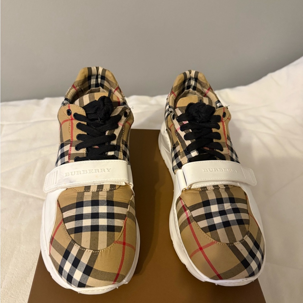 Burberry Tan and Black Sneakers with Iconic Check Pattern